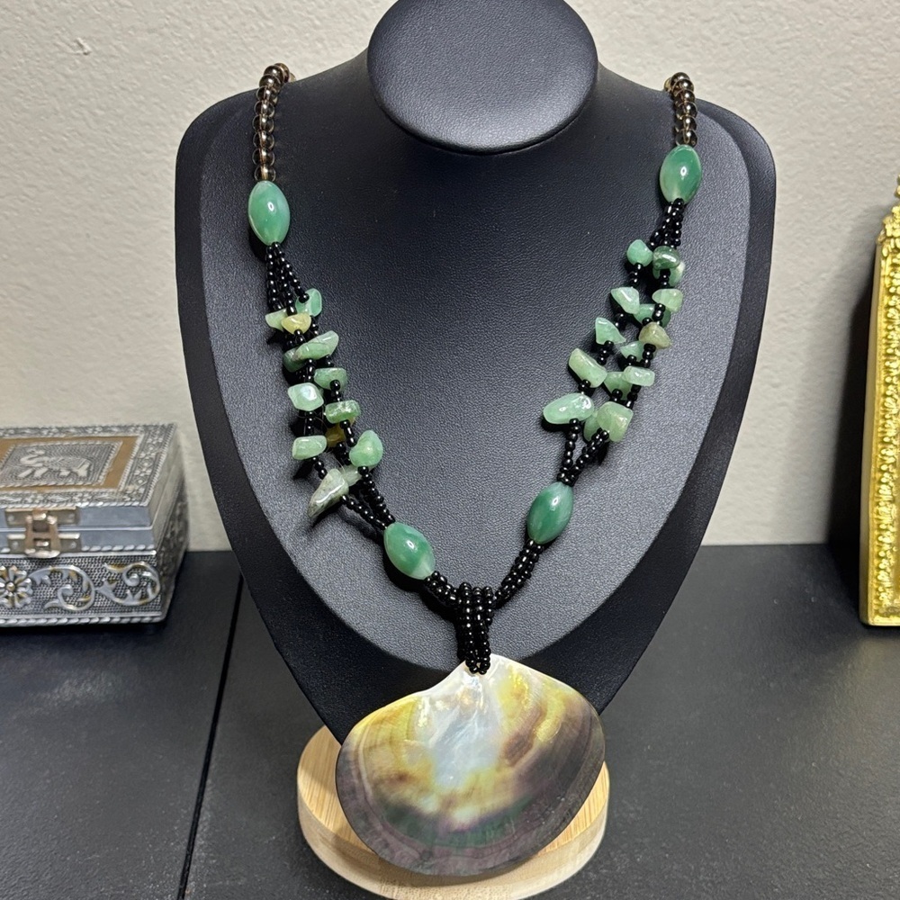 Green Gemstone Jade Aventurine Glass Mother of Pearl Statement Necklace Beaded